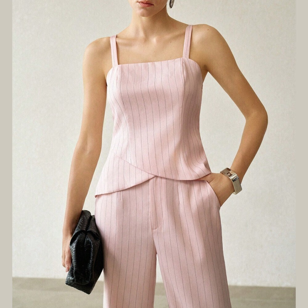 Blush Pink Pinstriped Woven Square Neck Slim Fit Draped Hem Camisole Top